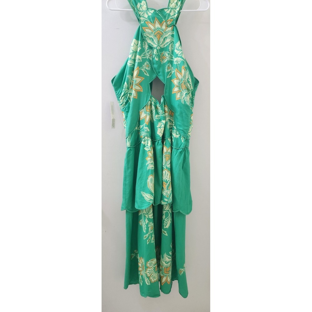 Farm Rio for Anthropologie Green Floral Halter Cutout Tiered Maxi Dress XL NEW